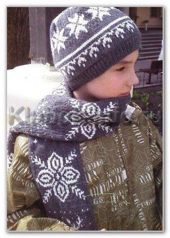 Двойная шапочка и шарф, с норвежским узором, вяжем детям