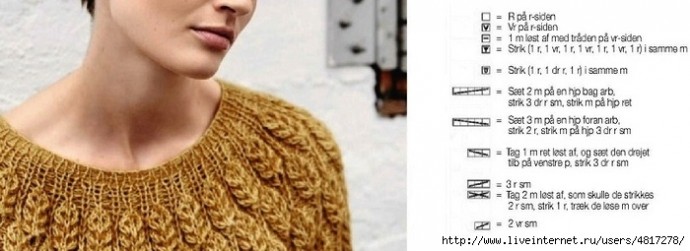 Горчичный пуловер рельефным узором с круговой кокеткой