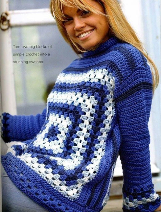 Пуловер из бабушкиных квадратов - просто и ярко