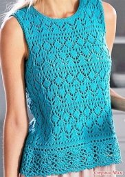 Бирюзовый ажурный топ от дизайнера, вяжем спицами с обвязкой крючком