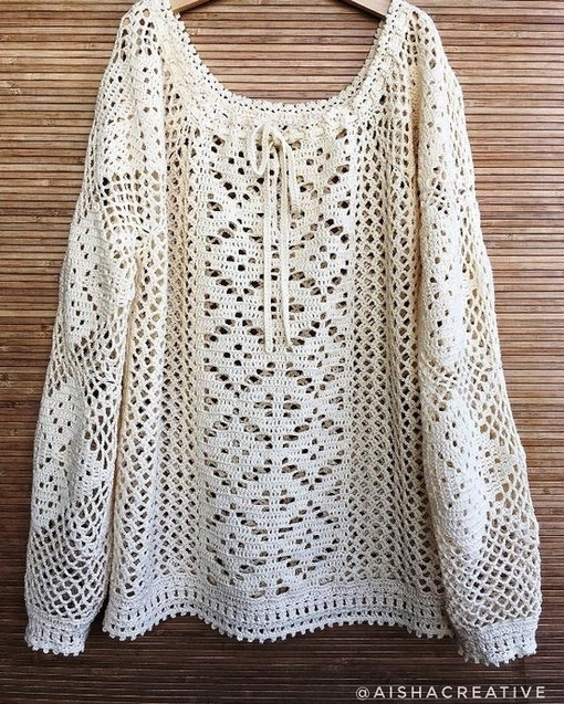 Белый пуловер крючком "Этно" Белый пуловер крючком "Этно"