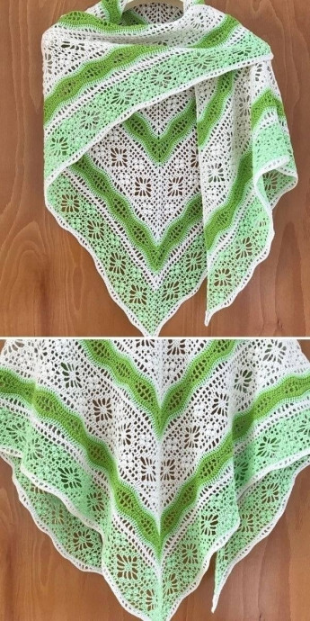 Бело-зелёная шаль, связанная крючком &mdash; свежесть, лёгкость и настроение весны