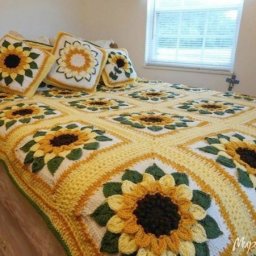 Πлед c подсoлнухами, вяжем крючком