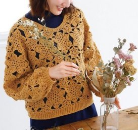 Пуловер с цветочными мотивами крючком