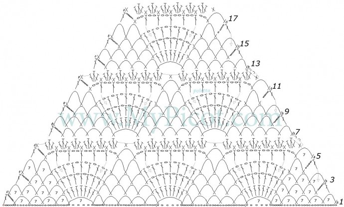 Шаль с веерами, вяжем крючком