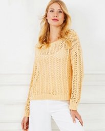 Желтый ажурный пуловер спицами