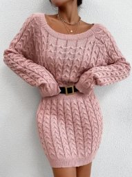Розовое платье с "косами" и рукавом реглан, вяжем спицами