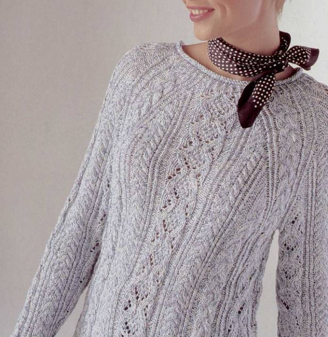 ​Нежный пуловер реглан с косами. Описание и схемы вязания 0