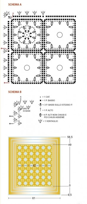 Плед из мотивов, связанный крючком в горчично-белой гамме