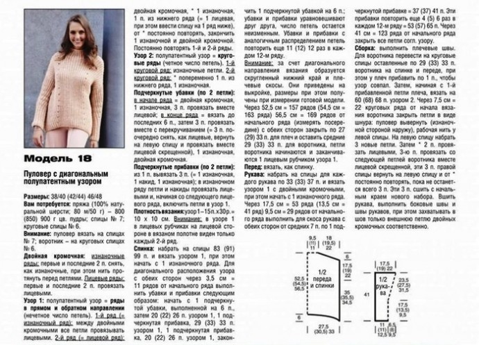 Свитер спицами с диагональным полупатентным узором Свитер спицами с диагональным полупатентным узором