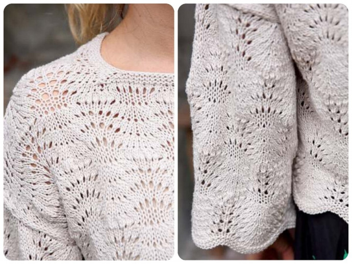 Ажурный пуловер с узором Павлинье перо.