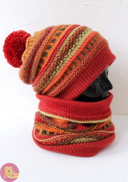 Стильная шапочка и снуд спицами