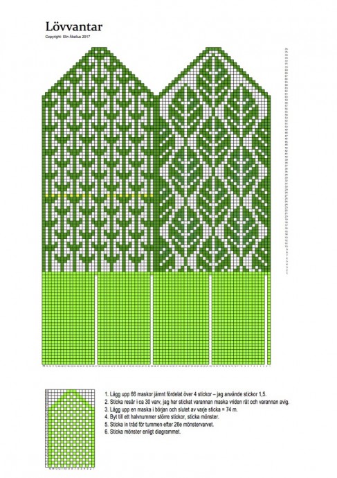 Схема жаккардового узора "Листья" для вязания варежек