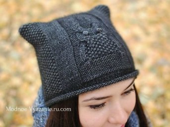 Котошапочка спицами «Сова»