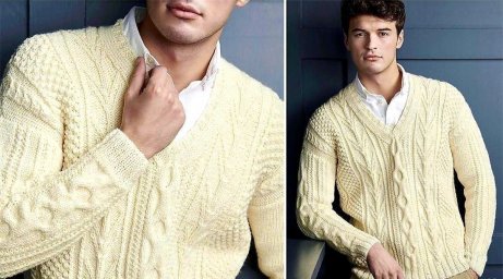 Мужской пуловер спицами с аранами