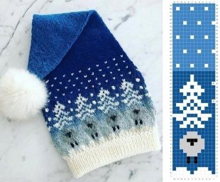 Новогодний колпачок с жаккардовыми ёлочками и барашками