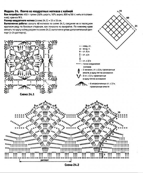 Пончо из квадратных мотивов с каймой