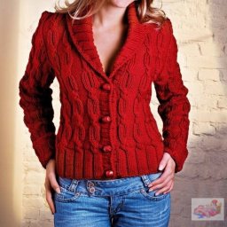 Красный жакет с косами, связанный спицами.