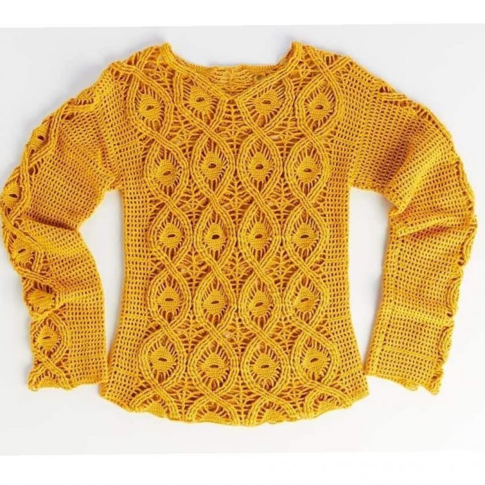 Пуловер крючком, стильная модель ажурным узором