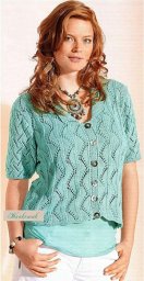 Бирюзовый жакет кофточка с коротким рукавом и простым ажурным узором спицами