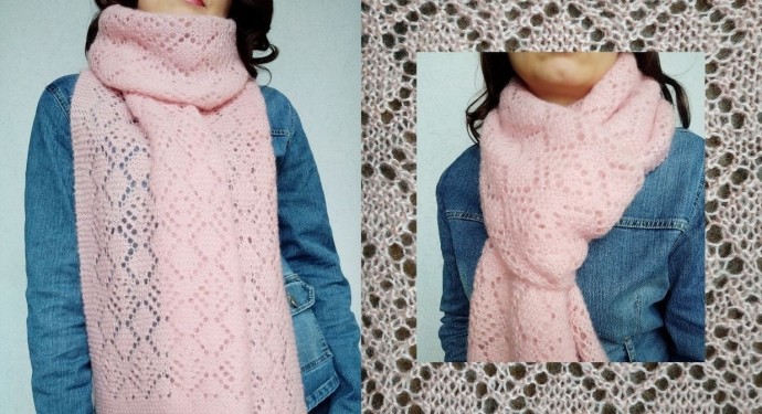 Ажурный шарф - палантин с геометрическим рисунком на платочной вязке