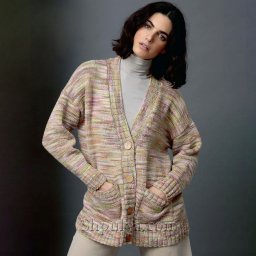 Кардиган с карманами и глубоким V-образным вырезом из секционной пряжи спицами