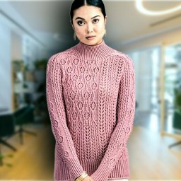 Розовый свитер с рукавами-погон и миксом узоров