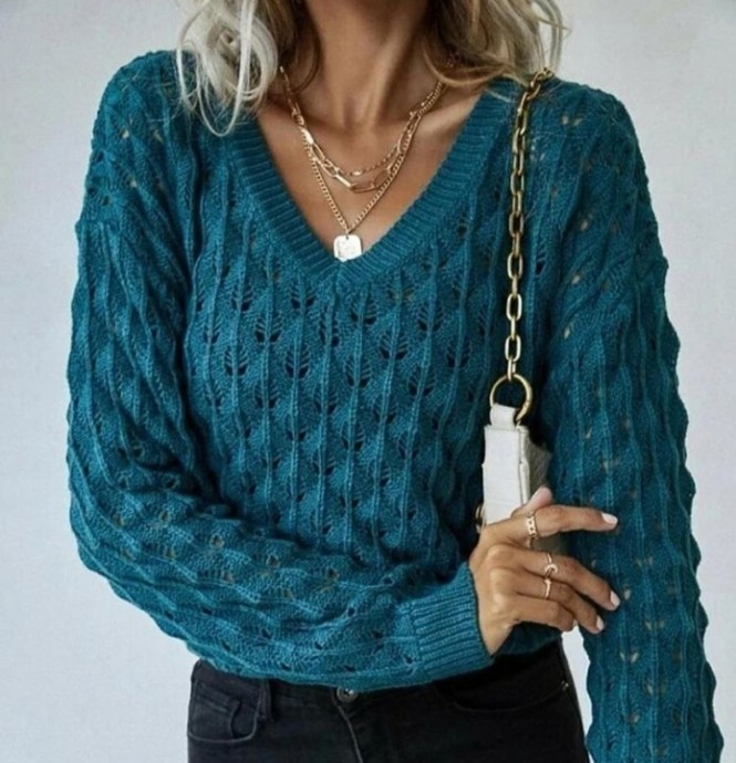 Ажурный пуловер с V-образным вырезом, вяжем спицами 0