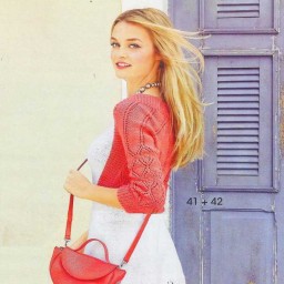 Коралловое болеро и белое платье спицами