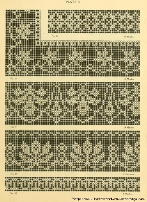 Мотивы крючком, кружево, узоры для филейного вязания