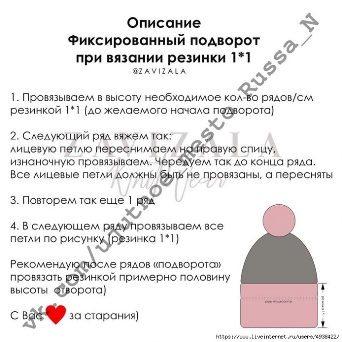 Фиксированный подворот при вязании резинки 1х1. Фиксированный подворот при вязании резинки 1х1.