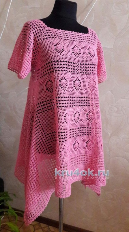 Розовая туника крючком, Филейное вязание