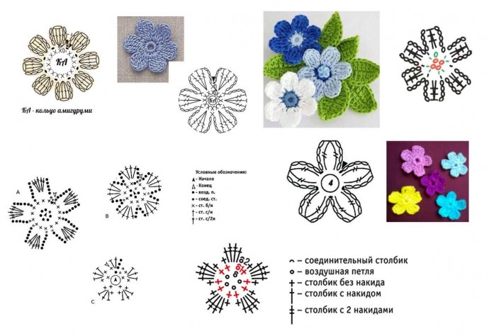 Простые цветочные мотивы крючком схемы для вязания