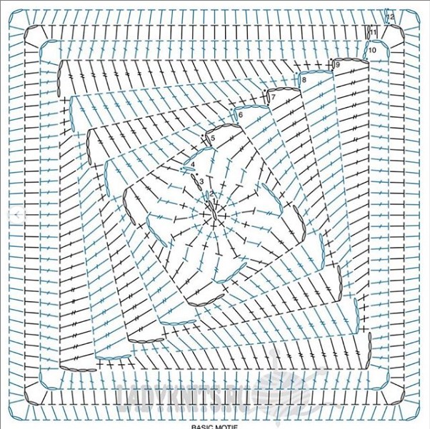 Квадратные мотивы крючком для покрывала, подушки, пледа, сумки, ковра 9