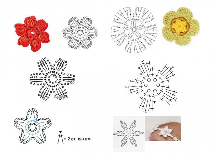 Простые цветочные мотивы крючком схемы для вязания