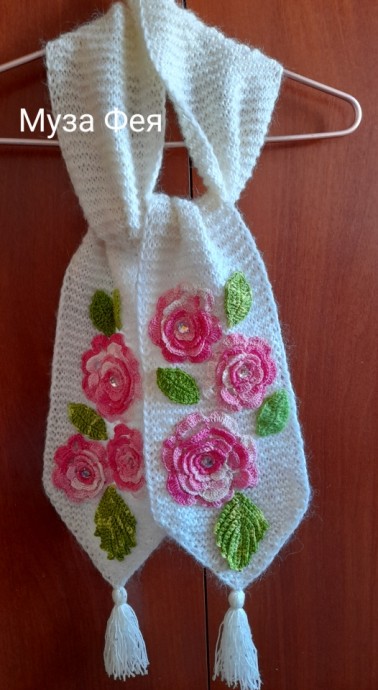 Шарфик "Розы", спицы+крючок. Шарфик "Розы", спицы+крючок.