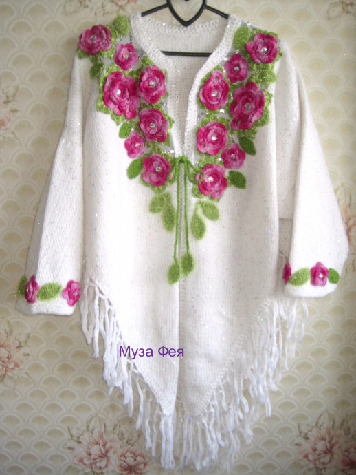 Пальто с розами, спицы+крючок. Пальто с розами, спицы+крючок.