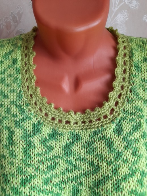 Пуловер в зеленых тонах, спицы+крючок.