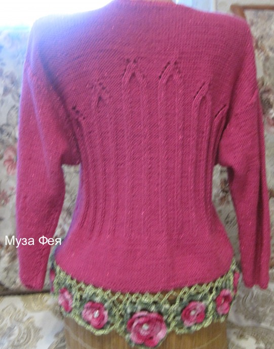 Пуловер "Розовый букет" спицы + крючок