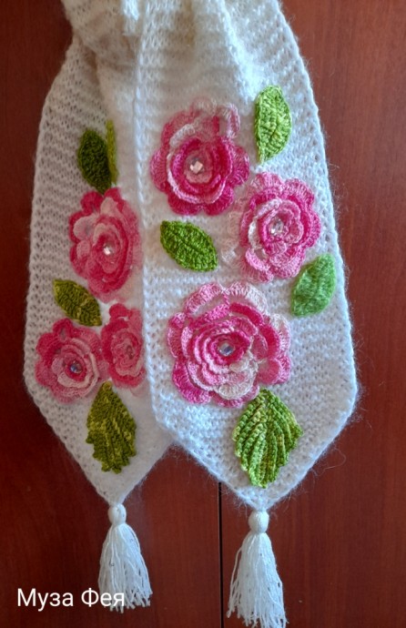 Шарфик "Розы", спицы+крючок. Шарфик "Розы", спицы+крючок.