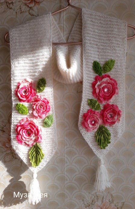 Шарфик "Розы", спицы+крючок. Шарфик "Розы", спицы+крючок.