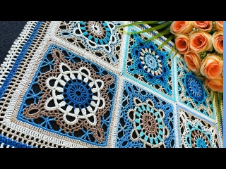 Квадратный мотив крючком, Очень подробно, Смена цвета нити