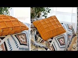 ВЯЗАНАЯ ПОДУШКА КРЮЧКОМ узором вафелька из трикотажной пряжи HALVA