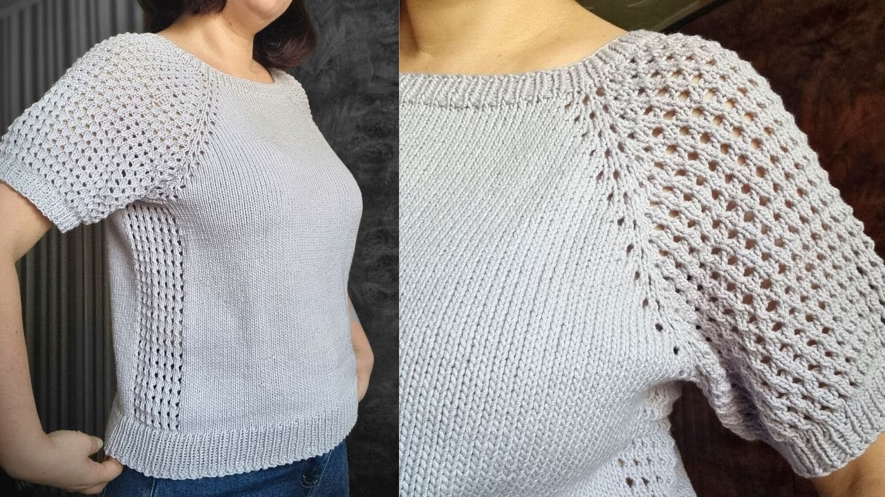 Кофточка спицами с красивым ажурным регланом