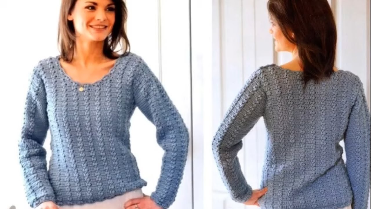 Очаровательно нежный пуловер крючком.Очень лёгкий узор всего 2 ряда.