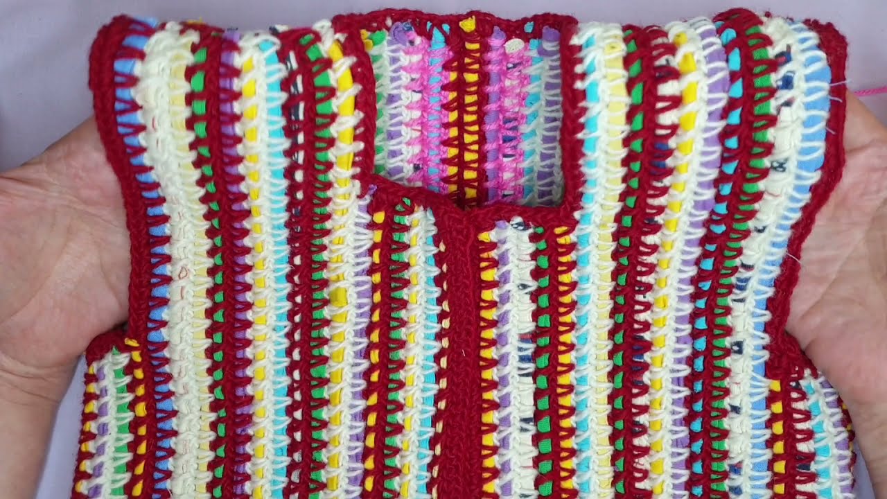 Жилет крючком- использование остатков пряжи, ткани и старых футболок