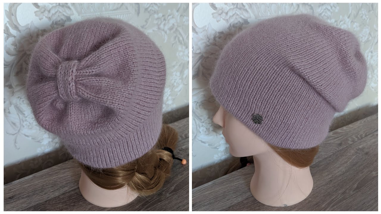 Двойная женская шапка-бини спицами