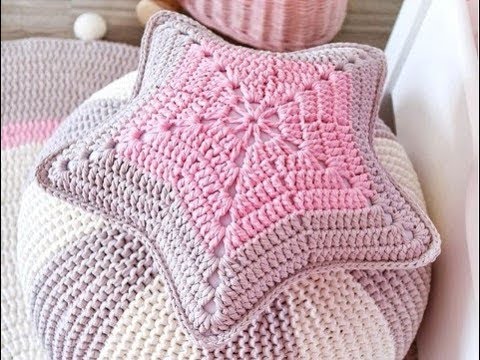 Подушка-звезда из трикотажной пряжи - идеи и схемы для вязания крючком