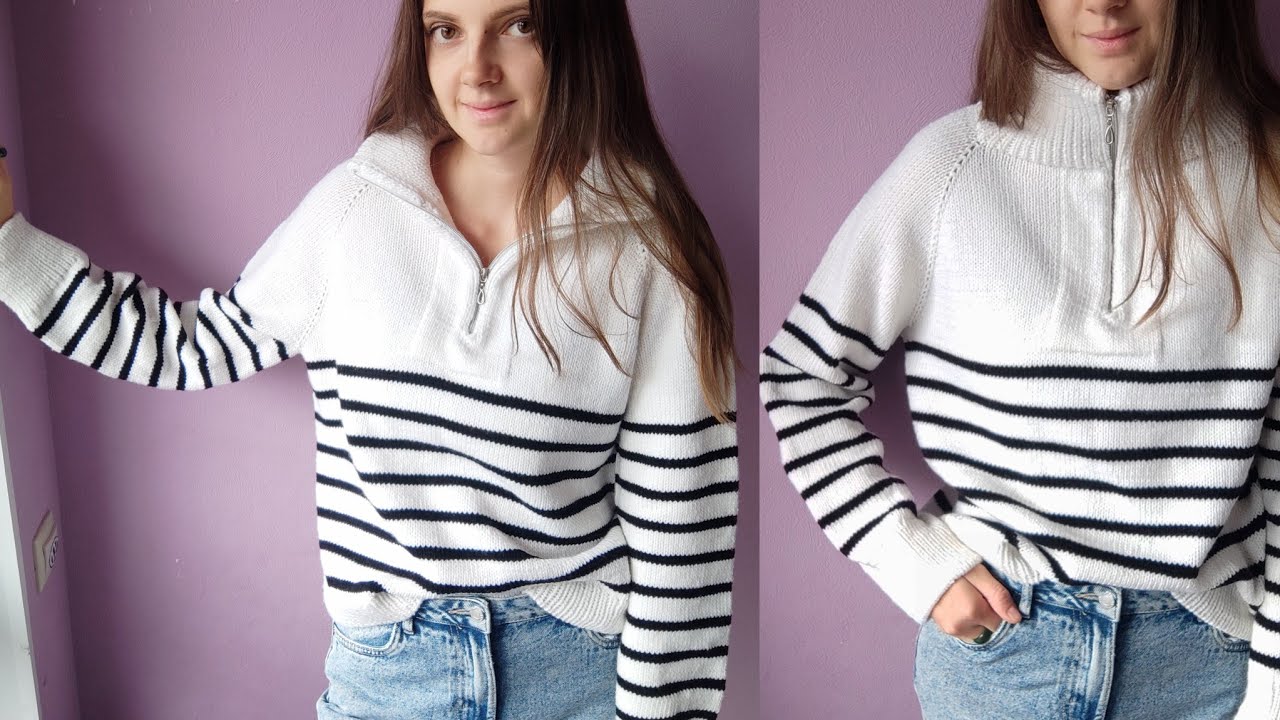 Свитер с молнией в полоску как у mango подробный МК