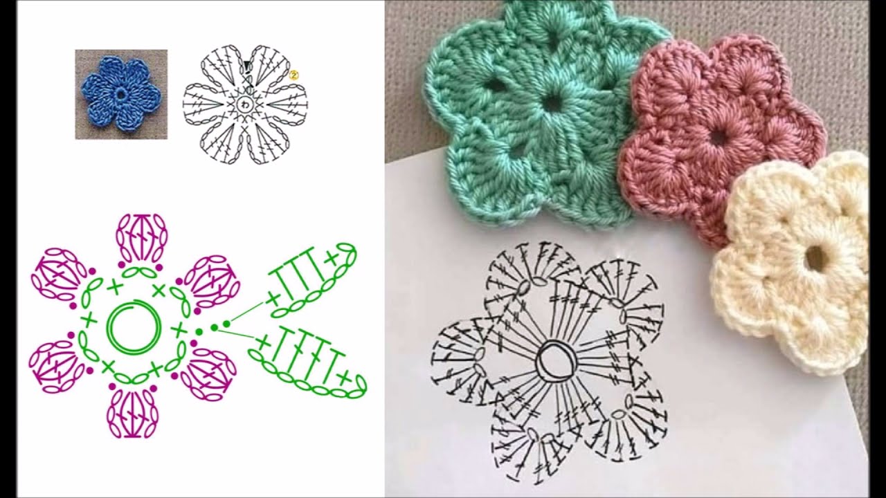 Простые цветочные мотивы крючком схемы для вязания